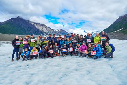 A group photo on Root Glacier of participants in the International Summer School in Glaciology. Photo by Dave Sarbell