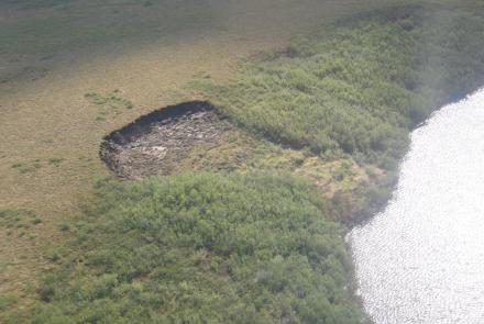 This medium-sized thaw slump in Canada’s Mackenzie River Delta is about 260 feet wide and with a headwall of about 10 to 15 feet. It formed closer to the lake, expanding upslope by many feet each summer. Photo by Simon Zwieback