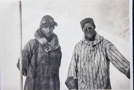 In this photo, previously unpublished as far as is known, Charlie McGonagal, left, and Pete Anderson, two of the four-man Sourdough Expedition that ascended Denali’s North Peak, are shown in a mislabeled photograph. Photo from UAF Rasmuson Library archive