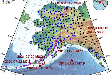 The map shows infrasound stations and earthquakes considered in this study. Not all stations operated contemporaneously, but all were active for some period between 2018 and October 2022. Image from research paper.