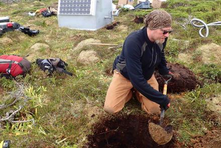 UAF Geophysical Institute associate professor Ronni Grapenthin digs the seismometer hole at a new Alaska Volcano Observatory monitoring site on the northwest side of Mount Edgecumbe in late August 2023. Photo by Max Kaufman.