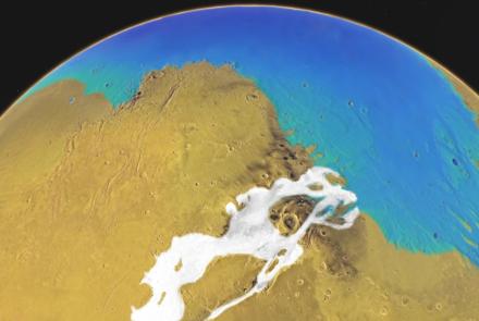 This conceptual image reveals what the Kasei Valles region on Mars may have looked like 3 billion years ago. White areas are glaciers and blue represents ocean. Image by F. Schmidt/NASA