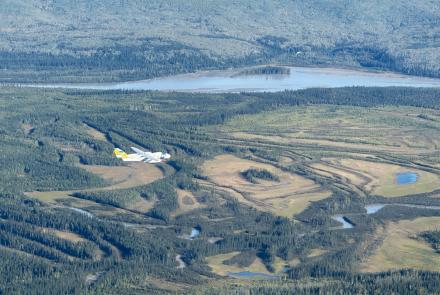 The SeaHunter drone of the Alaska Center for Unmanned Aircraft Systems Integration flies from Fairbanks International Airport to Nenana on Sept. 7, 2023. A day later it flew from Nenana to Fairbanks International Airport, a first. Photo by Peter Houlihan.