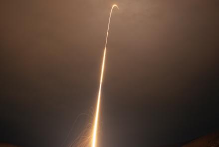 A four-stage NASA sounding rocket launches from Poker Flat Research Range on Nov. 9, 2023. The rocket was carrying instruments for the Beam-Plasma Interactions Experiment. NASA photo by Lee Wingfield.