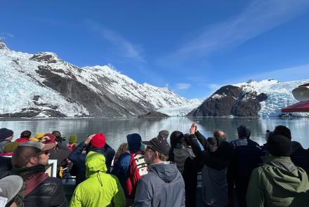Scientists attending the Seismological Society of America annual meeting in Anchorage view the hazardous Barry Arm landslide area while on a science cruise in Prince William Sound on April 29, 2024. Photo by Rod Boyce