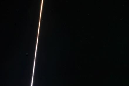 The third of three sounding rockets launches from Poker Flat Research Range at 1:33 a.m. March 29, 2025. Two other rockets in the same science mission launched from Poker Flat on March 25. UAF photo by Eric Marshall