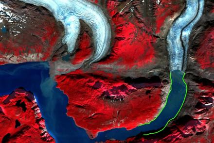 Recent retreat of McBride Glacier in Alaska has led to exposure of 5.25 miles of coastline, shown in green in this false color Sentinel-2 satellite image. Image courtesy of Jan Kavan