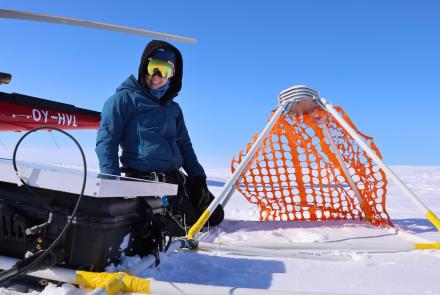 UAF graduate student researcher Amy Jenson at one of the instrument sites on Jakobshavn Glacier. Photo by Martin Truffer