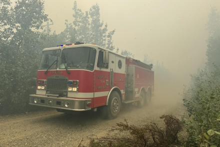 An Ester Volunteer Fire Department engine joins efforts to suppress the Nenana Ridge Complex fires on July 2, 2025. Photo courtesy of the Alaska Division of Forestry