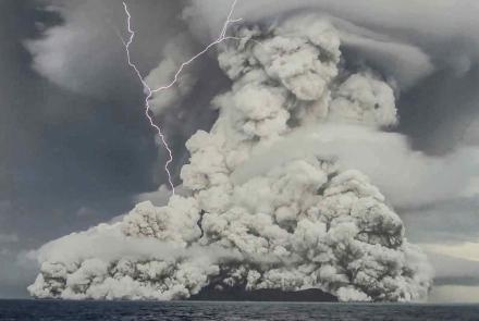 Hunga Tonga–Hunga Ha’apai volcano is one of 12 confirmed submarine volcanoes along a segment of the larger Tonga-Kermadec volcanic arc.  Photo courtesy of Tonga Geological Services via the Smithsonian Institution’s Global Volcanism Program 