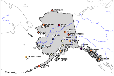 Monthly mean temperature departure from normal (oF), July 2025, at the selected First Order stations in Alaska. A technical issue in Yakutat is causing erroneously high temperature readings at the station.