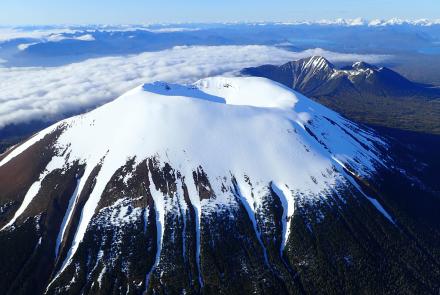 Mount Edgecumbe rises in the foreground with Crater Ridge behind and to the north on May 19, 2022. Photo by Max Kaufman/Alaska Volcano Observatory