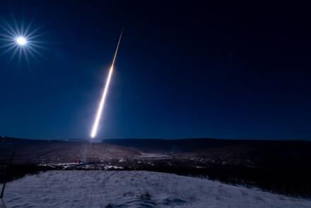 A two-stage NASA sounding rocket launches from Poker Flat Research Range at 4:20 a.m. Jan. 30, 2026, as part of a Virginia Tech project studying nitric oxide produced by the aurora. Photo by Bryan Whitten