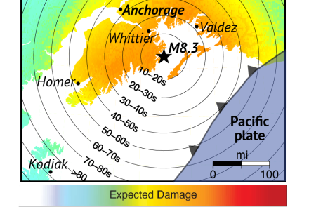 This illustration shows the potential alert times provided by an early warning system for a magnitude 8.3 earthquake in Alaska’s Cook Inlet region. Circles show how many seconds of warning are possible. Colors represent expected shaking intensity. Graphic by Alex Fozkos, Alaska Earthquake Center