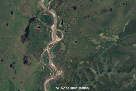  Satellite map of the Nenana area in central Alaska showing locations for the three components of the Aug. 20, 2025, earthquake. Red markers north of Nenana identify the foreshock and very-low-frequency earthquake and the main shock location. A green marker shows the nearby NEA2 seismic station.
