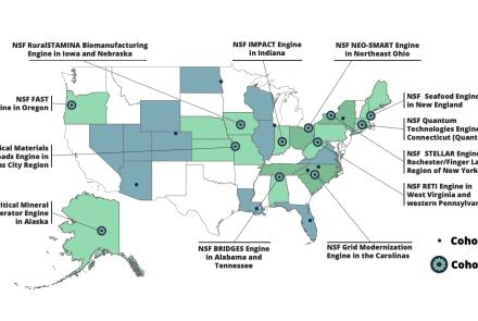 Map of the United States showing the newest NSF Regional Innovation Engine awards to 12 teams across 20 states. Labeled markers identify each engine’s region, including the NSF Critical Mineral Accelerator Engine in Alaska; solid dots represent Cohort 1 and gear-shaped symbols represent Cohort 2.