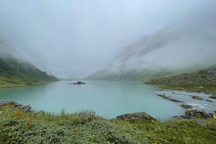 A steady rain falls on Allison Lake, a basin perched above Valdez in the Chugach Mountains. Photo by Ned Rozell.