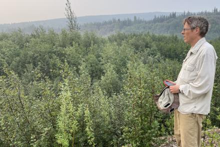 Seismologist Carl Tape stands at the site of Dome City in summer 2025. Dome City ghosted out many years ago, but not before miners unearthed many fossils, some of which they donated to the University of Alaska. Photo by Ned Rozell.
