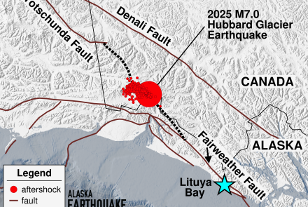 Scientists with the Alaska Earthquake Center created this diagram in which red dots represent the Dec. 6, 2025 Hubbard Glacier earthquake and its many aftershocks. The dotted line connecting the Totschunda and Fairweather fault systems represents a possible “connector fault.” 