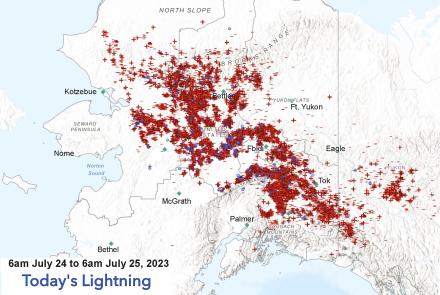 More than 20,000 lightning strikes hit the surface of Alaska from 6 a.m. July 24 to 6 a.m. July 25, 2023. Graphic from the Alaska Interagency Coordination Center.