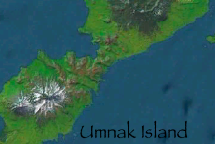 The crater from Mount Okmok’s eruption 2,000 years ago dominates Umnak Island in the Aleutians. From Google Maps.