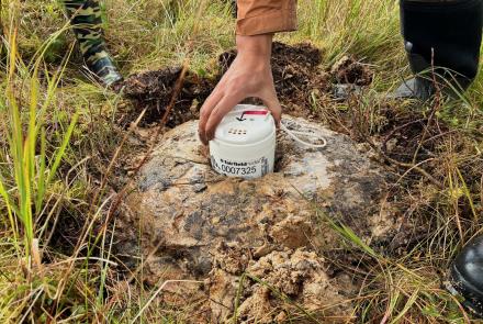 A seismic sensor resting in a “mud pie” on Kodiak Island in September 2025. Photo by Cade Quigley