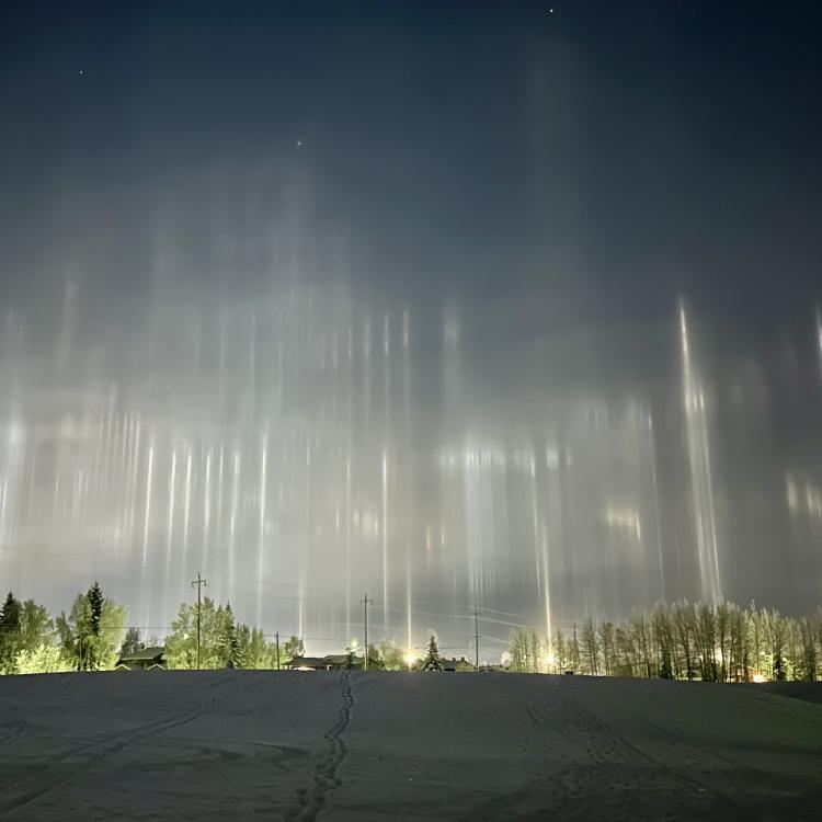 Cindy Bravo saw these light pillars in Fairbanks as she was walking her dog Slick through Bernice Allridge Park on Nov. 11, 2025. Photo by Cindy Bravo.