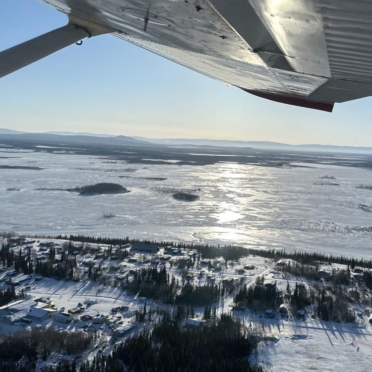 Minto Flats spills out in frozen lakes and rivers just beyond the village of Minto during sunrise on March 23, 2025. Photo by Cristina Hansen.