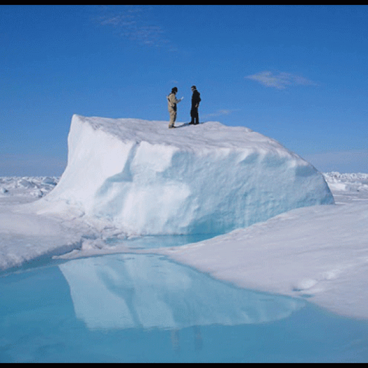 Matt Druckenmiller, right, and his research advisor Hajo Eicken, a professor of Geophysics, on an ice floe near Utqiaġvik in about 2010. Photo by Daniel Pringle.
