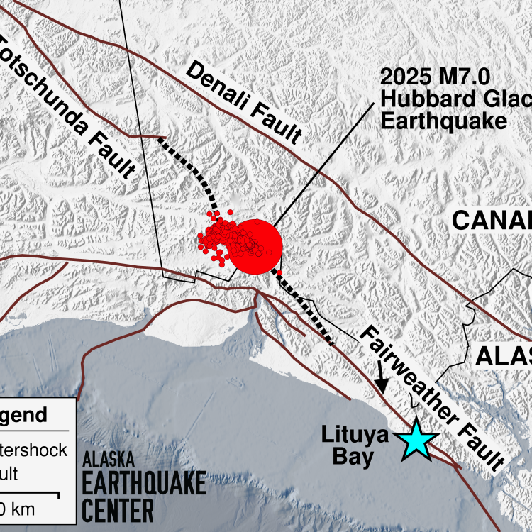 Scientists with the Alaska Earthquake Center created this diagram in which red dots represent the Dec. 6, 2025 Hubbard Glacier earthquake and its many aftershocks. The dotted line connecting the Totschunda and Fairweather fault systems represents a possible “connector fault.” 