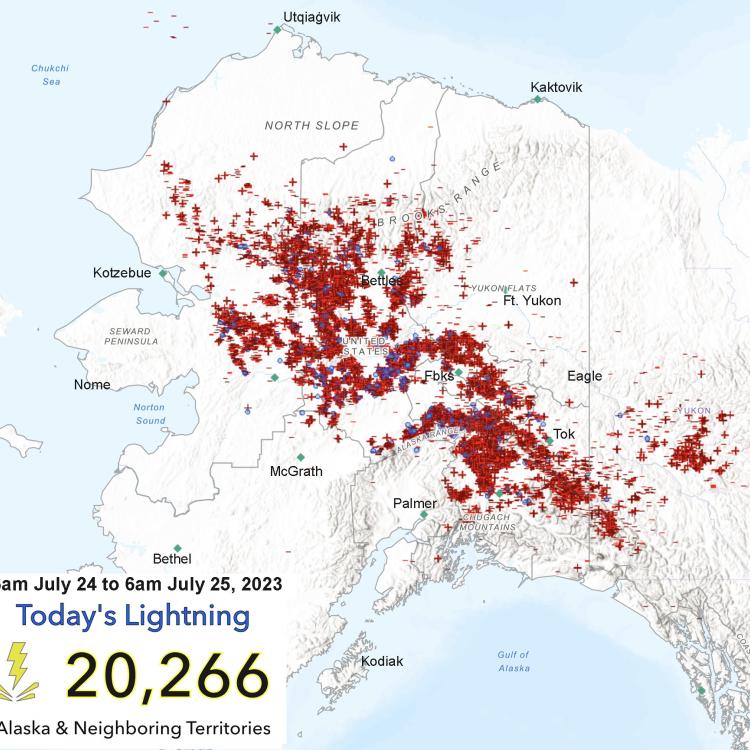 More than 20,000 lightning strikes hit the surface of Alaska from 6 a.m. July 24 to 6 a.m. July 25, 2023. Graphic from the Alaska Interagency Coordination Center.