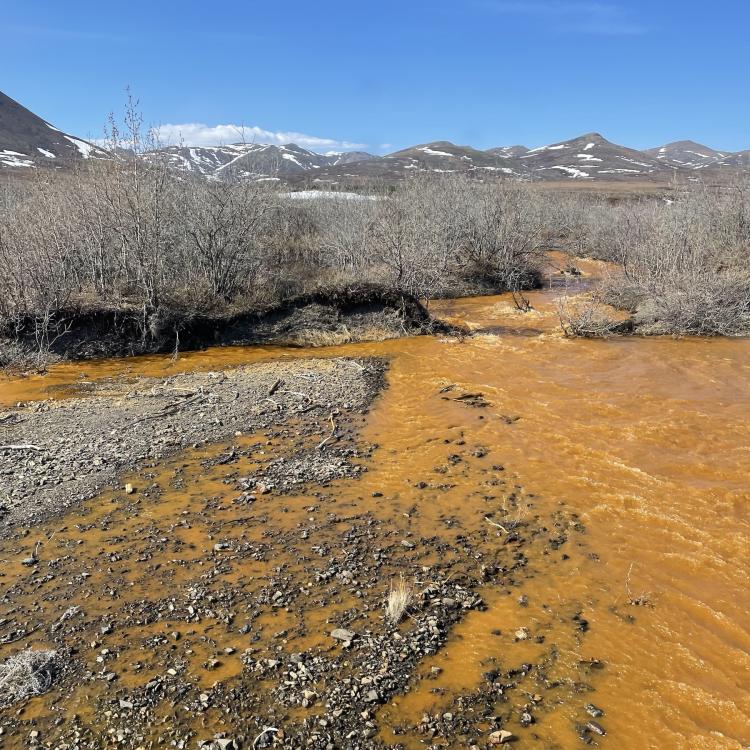 Josh Koch took this photo of the Kugororuk River in northern Alaska in June 2023. The orange stream color reflects oxidized iron, but also often indicates elevated heavy metal concentrations. Photo by Josh Koch.